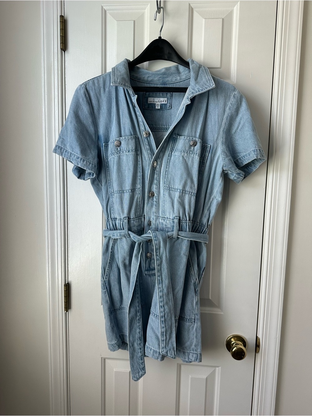 Loft Light Denim Short Sleeve Romper with Tie Waist